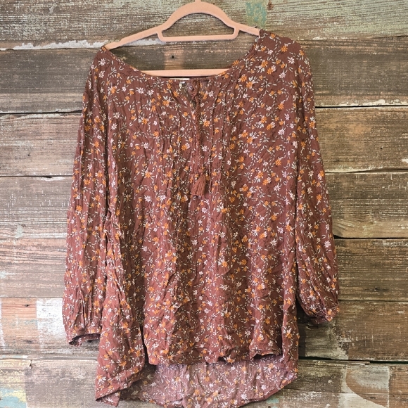Sonoma Tops - Sonoma Floral Print Blouse in Brown and Cream, Size XXL